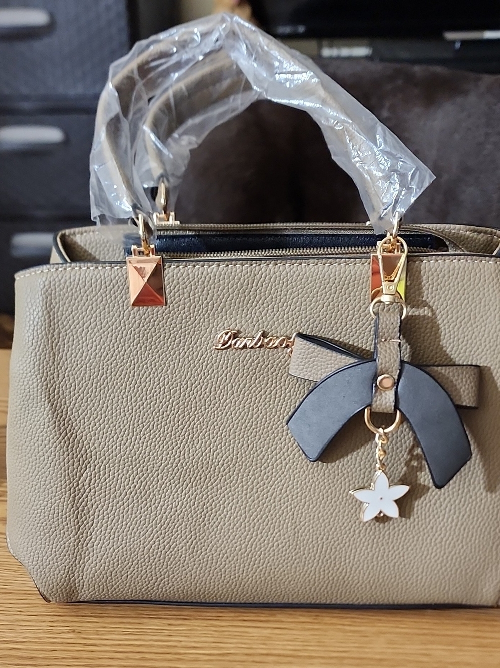 Danbooly Women’s Taupe Satchel Handbag with Charm